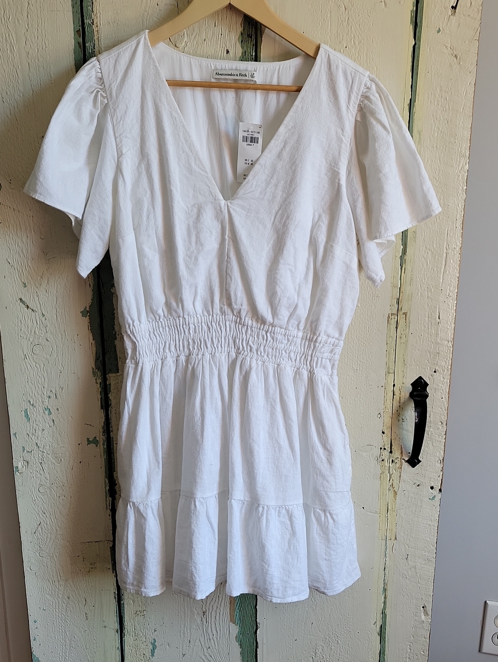 Abercrombie & Fitch White V-Neck Smocked Lined Mini Dress Cotton Linen Blend